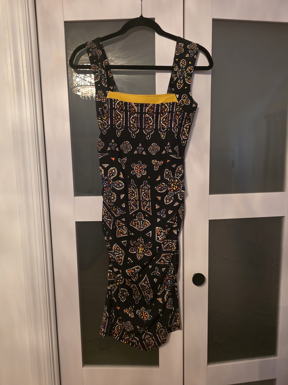 Nicole Miller Black Midi Dress with Yellow Trim and Multicolor Print